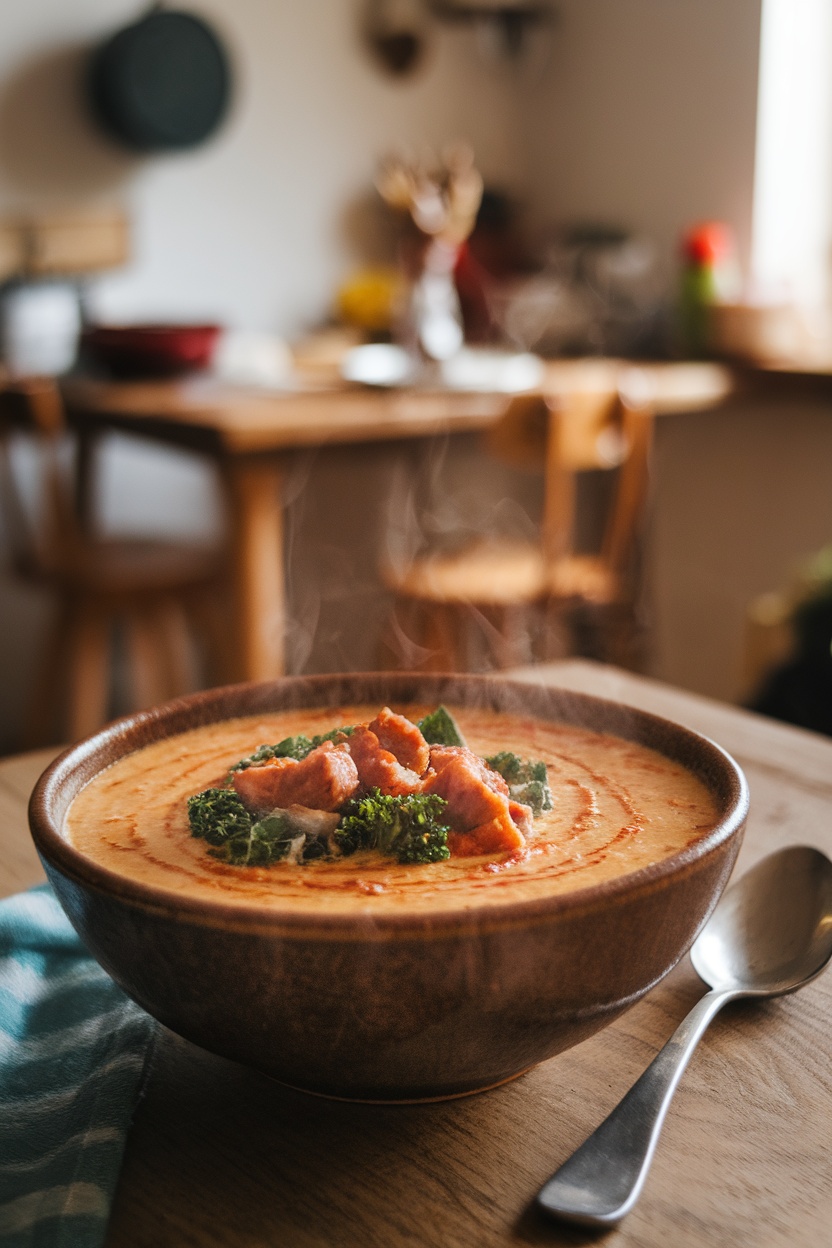 A bowl of Keto Zuppa Toscana soup with sausage and kale, set in a rustic kitchen.